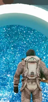 Astronaut facing a glittering blue space portal.