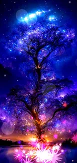 Mystical tree under a starry cosmic sky with vibrant blue and purple hues.