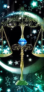 Mystical wallpaper with stars and golden scales on emerald background.