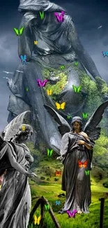 Statues in nature with vibrant butterflies under a dramatic blue sky.