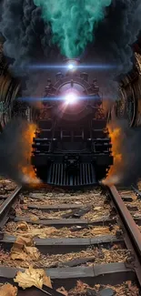 Mystical steam train in vibrant forest tunnel