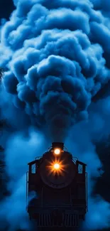 A steam train with blue smoke on a dark background.