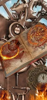 Mystical steampunk-themed mobile wallpaper with gears, a magical book, and flames.