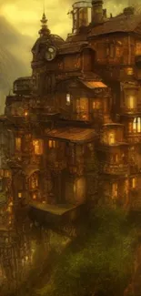 Steampunk castle fantasy wallpaper with glowing lights and intricate details.