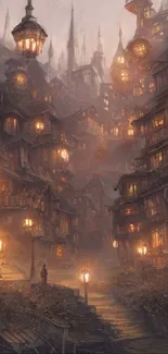 Mystical steampunk cityscape with glowing lights and fantastical architecture.