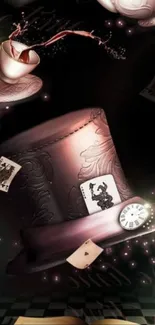 Steampunk hat with playing cards in a magical setting.