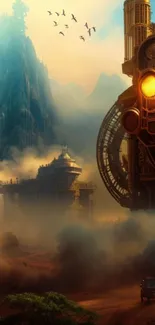 Mystical steampunk landscape with towering, intricate structures and a warm ambiance.