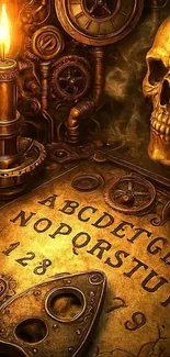 Steampunk skull with candle and symbols.