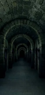 Mysterious stone tunnel with gothic arches in dim light.