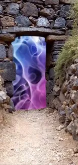 Mystical stone gateway with abstract purple and blue background.