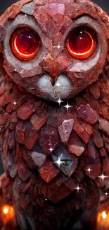 Mystical stone owl with glowing red eyes, perfect for a fantasy wallpaper.