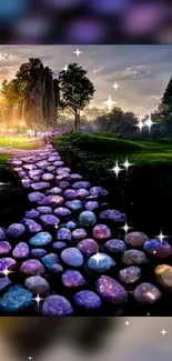 Mystical stone path with sunset and sparkling lights.