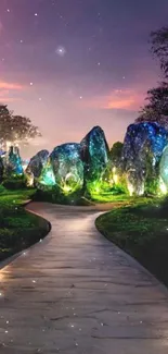 Mystical glowing stone pathway at dusk.