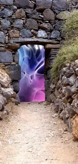 Mystical stone portal with colorful abstract design.