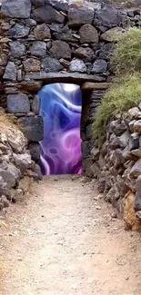 A mystical stone portal with a vibrant, colorful aura in a rocky path.