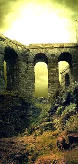 Mystical stone ruins with a golden sky backdrop.