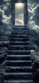 Stairway leading to a glowing doorway in a cloudy sky.