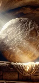 Mystical stone tablet with light beams casting shadows