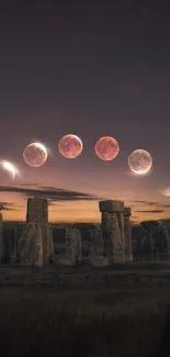 Stonehenge at night with moon phases in dark sky backdrop.