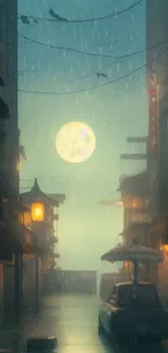 Mystical rainy street with glowing moonlight and ambient city lights.