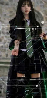 Mystical student in green and black uniform with wand.