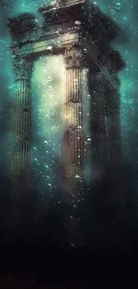 Ancient pillars submerged underwater, surrounded by ethereal light and bubbles.