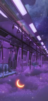 Purple subway with mystical clouds and celestial scene.