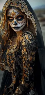 Masked woman in ornate black attire with a mystical sugar skull design.