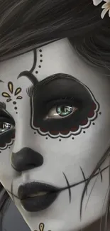 Mystical sugar skull face with floral design in grayscale tones.