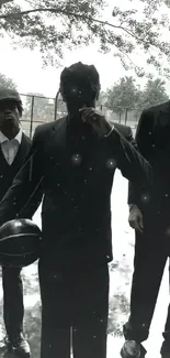 Three men in suits on a rainy basketball court.