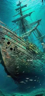 Sunken ship surrounded by ocean life in a mystical underwater scene.