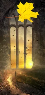 Mystical archway wallpaper with sunrise and yellow leaf.