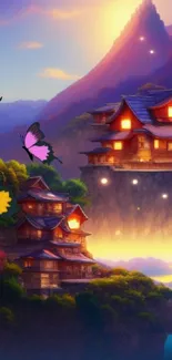 Mystical fantasy scene with a sunrise and butterflies.