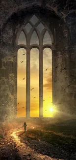 Gothic window with sunrise and silhouette path.