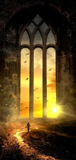 Mystical wallpaper with golden sunset and archway.