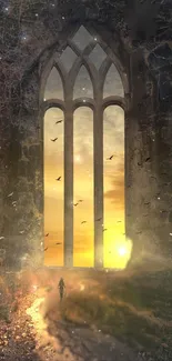 Mystical sunset view through a gothic archway with birds in the sky.