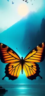 Vibrant butterfly with sunset background and teal tones.