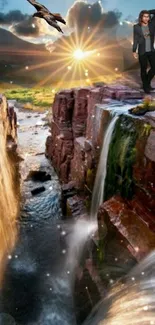 Mystical canyon waterfall with sunset and bird.