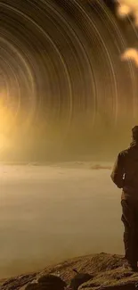 A lone figure stands before a swirling cosmic vortex under a golden sky.