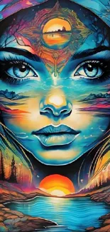 Mystical face blended with a vivid sunset landscape, creating a colorful art piece.