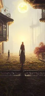 A woman walks towards a glowing sunset in a mystical fantasy world.