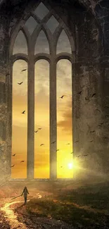 Fantasy sunset behind a stone arch with birds flying. Perfect mobile wallpaper art.