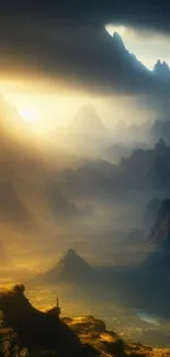 Mystical sunset view over misty mountains, perfect for serene mobile wallpaper.