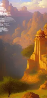 Mystical sunset over ancient temples with golden hues.