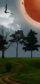 Mystical landscape with red sun and dark trees under a sunset sky.