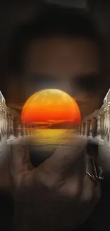 Mystical sunset reflecting through ancient architecture and ocean.