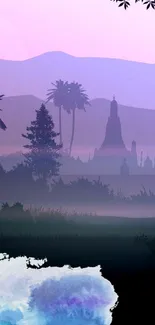 Mystical sunset wallpaper with silhouettes of trees and ancient structures.