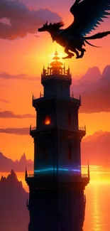 Fantasy wallpaper of tower with mythical creature at sunset.