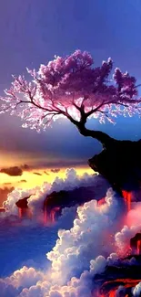 Mystical tree on cliff during sunset with vibrant clouds.