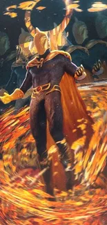 Superhero with swirling golden energy on a mystical background.